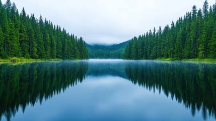Serene Reflection of Pine Trees in Still Water at a Peaceful Lake Surrounded by Nature's Majestic Landscape