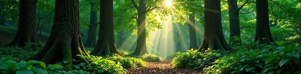 Obraz premium Dense foliage surrounds towering tree trunks in harmony, branches, dappled light