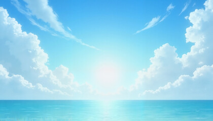 Blue sky with clouds and bright sunlight over serene ocean view, outdoor nature setting