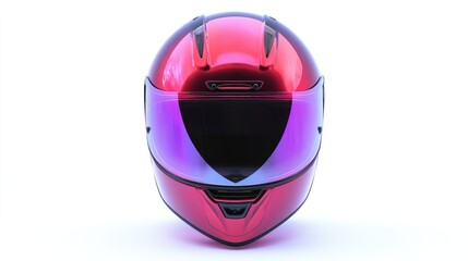 a glossy red motorcycle helmet with a reflective purple visor offering safety and style for high speed adventures on a plain white background