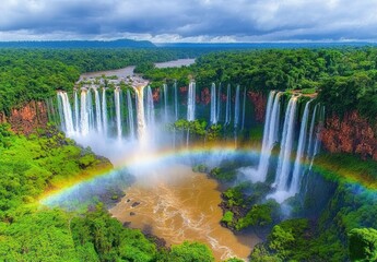 Fototapeta premium Majestic Iguazu Falls Cascading through Lush Green Jungle with Vibrant Rainbow Arching Over the Powerful Water Flow