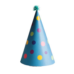 a blue party hat with colorful polka dots on a white background, birthday concept
