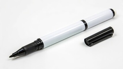 White Pen with Black Accents on White Background