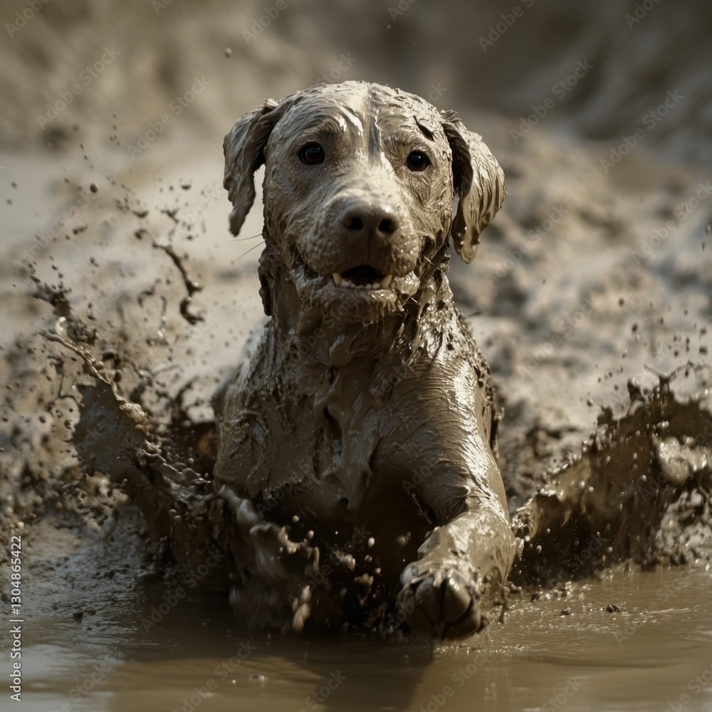 Poster Muddy Labrador Retriever Splashing in Puddle with Joyful Expression Capturing Canine Fun and Adventure in Natural Light