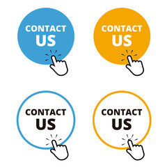 Blue and orange contact us round button with a hand clicking on a white background