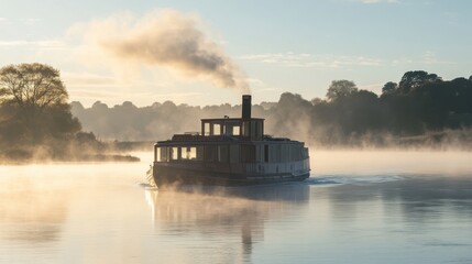 Obraz premium Vintage Steamboat Gliding Through Misty Morning Lake Waterway