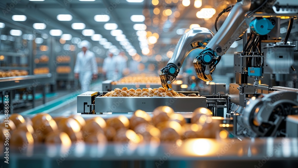 Poster robotic arms sorting baked goods in a high-tech factory during daytime operations