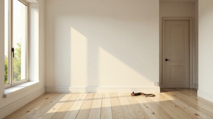 Obraz premium Sunlit Empty Room with Hardwood Floor and Single Door Featuring a Reptilian Figure