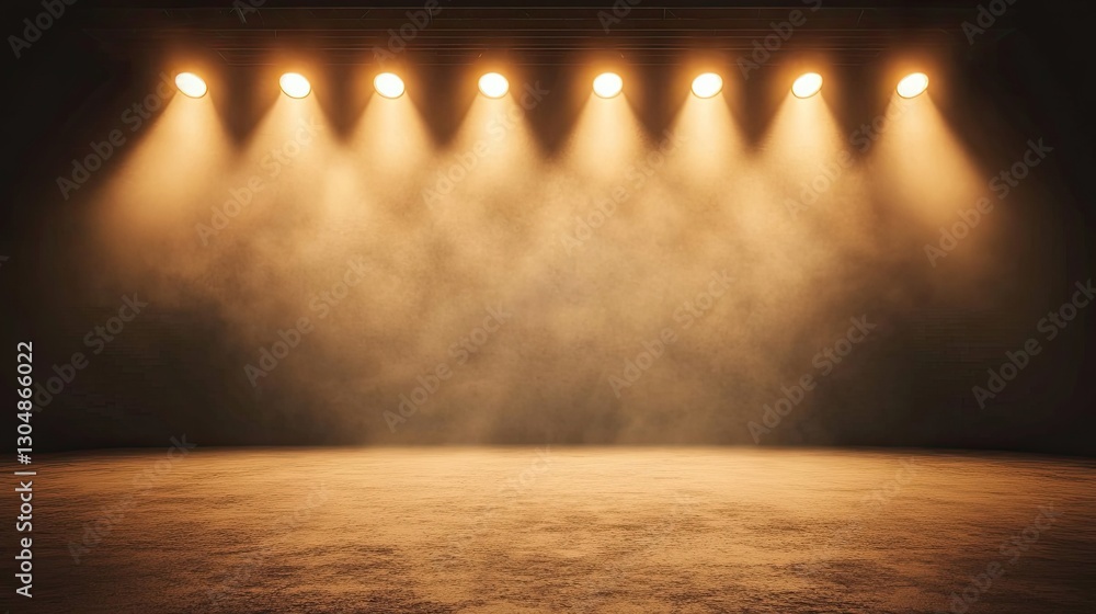 Poster theater lights arranged in a circular pattern, shining down onto an empty stage with a soft haze.