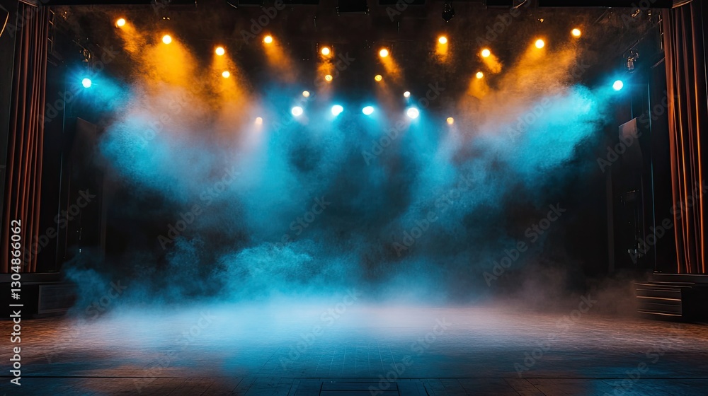 Poster theater lights arranged in a circular pattern, shining down onto an empty stage with a soft haze.