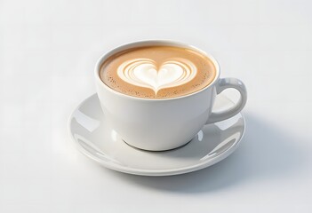 Heart Latte Art: Close-up of a Steaming Coffee Cup on White Background, Perfect for Valentine's Day or Coffee Lovers.