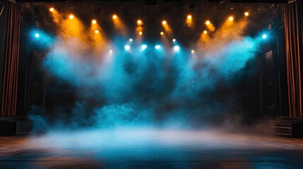 Theater lights arranged in a circular pattern, shining down onto an empty stage with a soft haze.