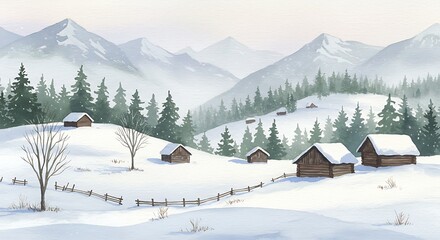 Fototapeta premium A watercolor illustration featuring a peaceful holiday setting with a winter village, snow-covered mountains, pine trees, and snug cottages 