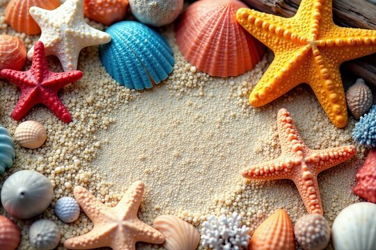Colorful seashells, starfish, and coral arranged on sandy beach with driftwood, flat lay, driftwood