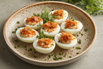 Appetizing deviled eggs topped with crispy fried shallots and fresh dill on a speckled plate culinary delight