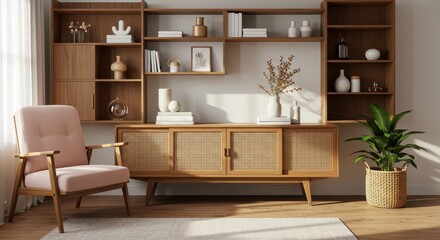 A stylish mid century modern living room featuring a wooden media console with woven cane doors flanked by two built in wooden bookshelves