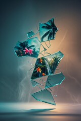 Tropical Paradise Reflected in Shattered Glass: A Surreal Vacation Escape Concept Art