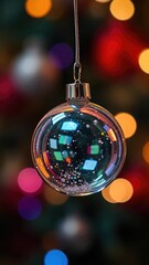 Fototapeta premium A delicate glass ball ornament suspended from a thin wire, shining, illuminated, reflective