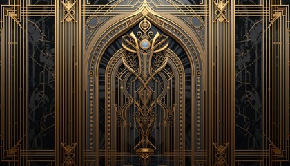 An ornate decorative panel with gold accents and art deco design