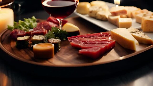 Cured ham, Speck and roast pork together with cheese spreads served on a typical Austrian wooden serving board ( Brettljause )