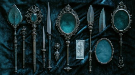 Antique ritual objects on dark velvet; occult, tarot