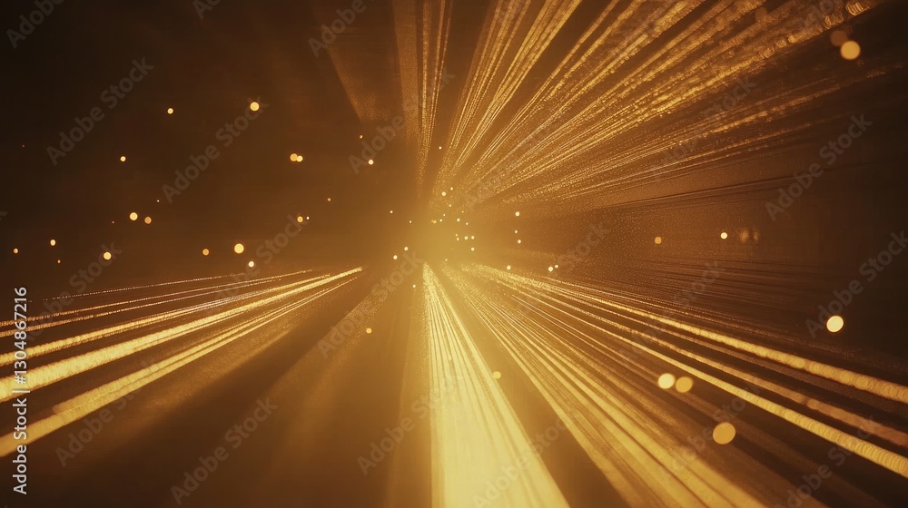 Poster abstract pattern of intersecting beams of golden theater lights in a dimly lit performance space.