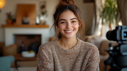 Cheerful young woman recording engaging vlog on smartphone, smiling warmly, seated comfortably in cozy home studio with aesthetic decor, natural daylight, DSLR-style realistic photography,