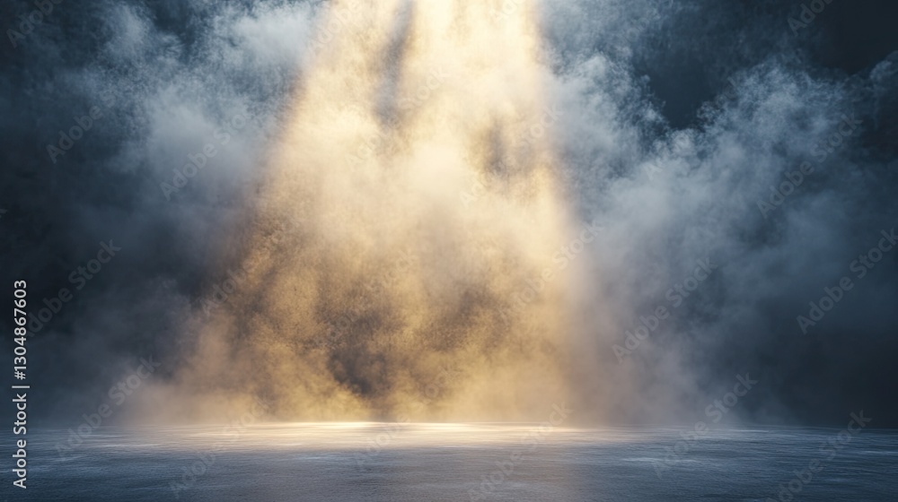 Poster a fog-filled space with a beam of light cutting through, creating a subtle spotlight effect on the g