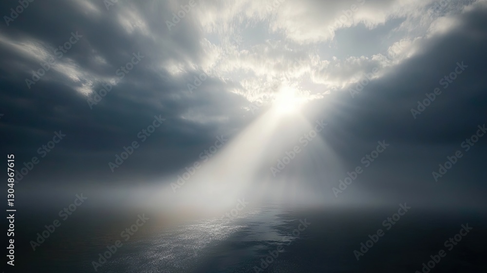 Poster a fog-filled space with a beam of light cutting through, creating a subtle spotlight effect on the g