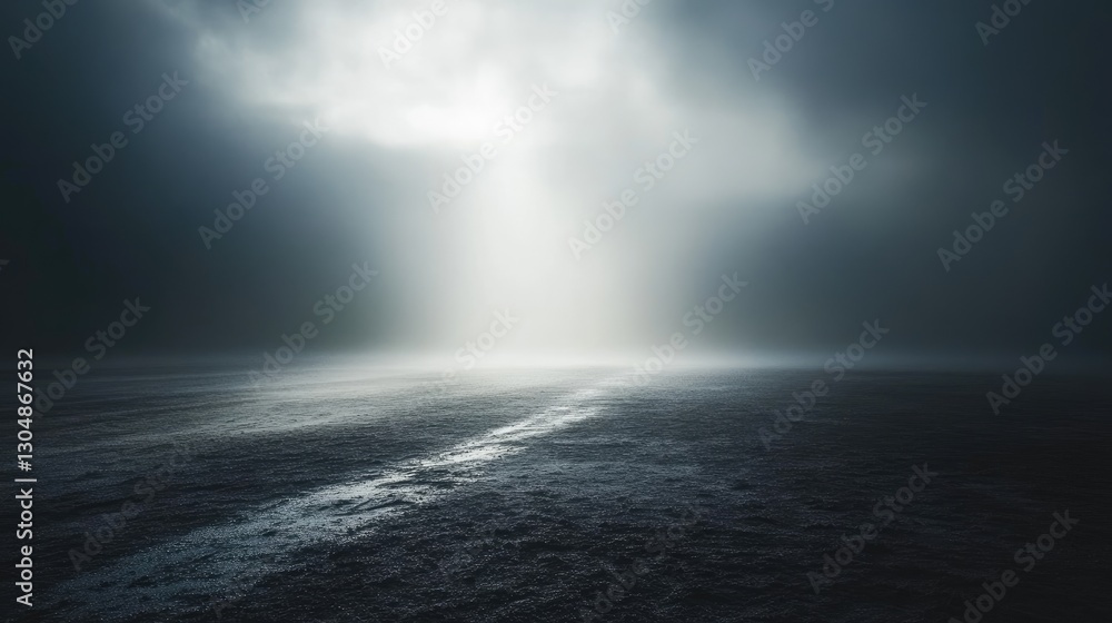 Poster a fog-filled space with a beam of light cutting through, creating a subtle spotlight effect on the g