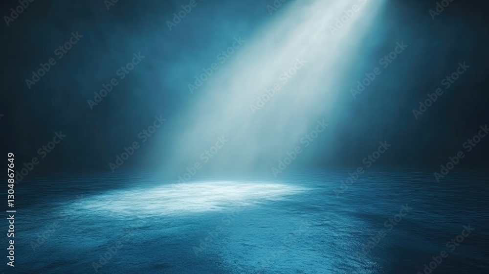 Poster a narrow spotlight beam projecting through fog, illuminating the empty space with a mysterious glow.