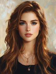 Fototapeta premium portrait of young woman with long, wavy brown hair and striking blue eyes, wearing delicate jewelry