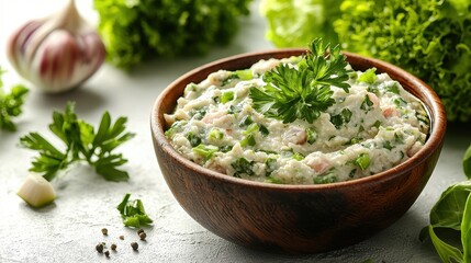 Creamy Dip in Wooden Bowl, Fresh Herbs
