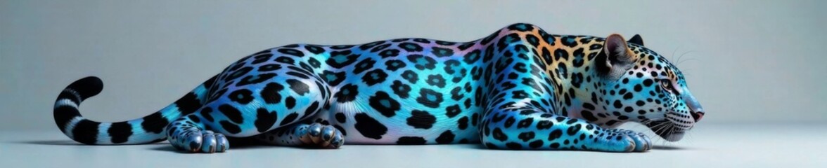 Iridescent jaguar skin with swirling blue tones and dark spots on a neutral grey background, blue tone, wildlife