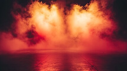 Bright red and yellow lights blending together in a smoky stage environment, creating a bold visual impact.