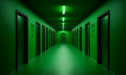 Fototapeta premium Surreal Corridor with Green Walls and Doors Under Neon Lighting