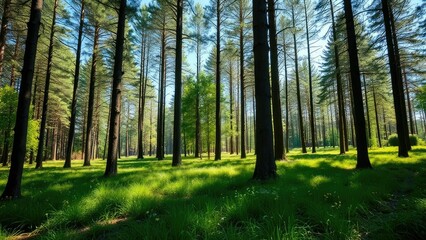 A forest clearing with tall trees and a sunny meadow, serene, clearing