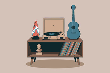 Retro Music Setup with Vinyl Record Player, Guitar, and Lava Lamp
