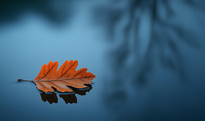 feuille morte sur l’eau, reflet dans un lac

