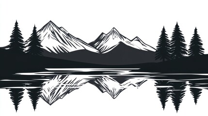 Fototapeta premium Mountain lake landscape sketch, tranquil scene, peaceful reflection, artistic illustration, for print or digital use