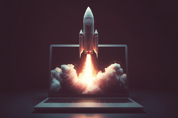 A futuristic rocket emerges from a laptop screen in a fiery launch, symbolizing innovation, tech startups, digital acceleration, and limitless possibilities in the digital space.
