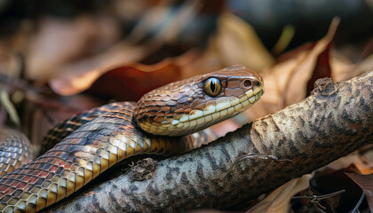 Obraz premium Camouflaged Venomous Snake Hidden in Dry Leaves and Branches