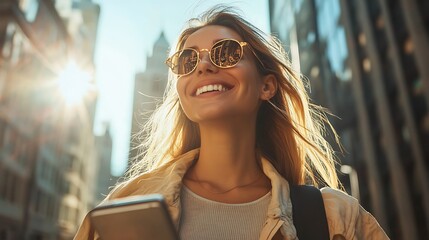 Happy woman walking down sunny urban street immersed in mobile gaming, smiling broadly, modern casual fashion, energetic stride, city architecture in sharp detail background, bright sunlight,