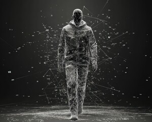3D wireframe hacker figure surrounded by floating code, digital identity theft concept