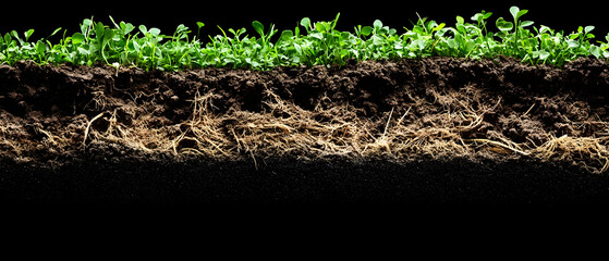 Fototapeta premium Soil cross-section, plants, roots, growth