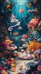 Fototapeta premium Whimsical underwater scene with mermaid, coral, and tea sets