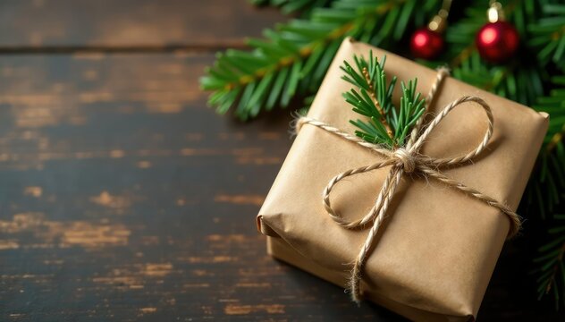 Brown paper package with twine and pine sprigs, Christmas, twine