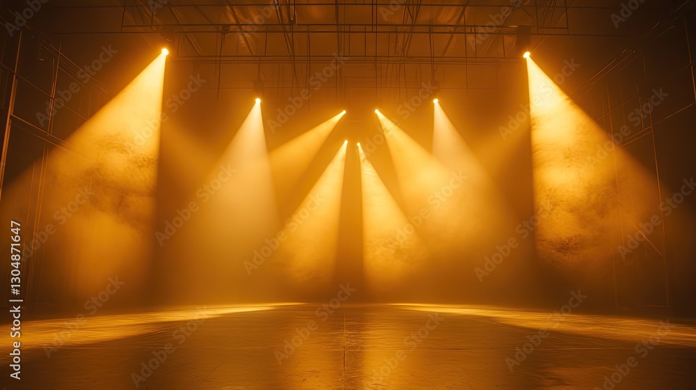 Poster multiple soft golden spotlights illuminating an empty stage, enhancing texture and depth in a dim en