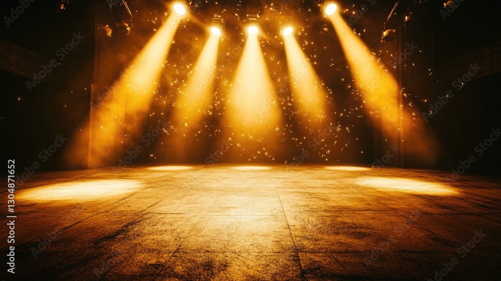 Poster multiple soft golden spotlights illuminating an empty stage, enhancing texture and depth in a dim en