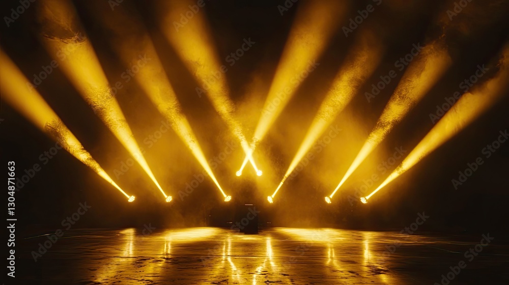 Poster multiple soft golden spotlights illuminating an empty stage, enhancing texture and depth in a dim en